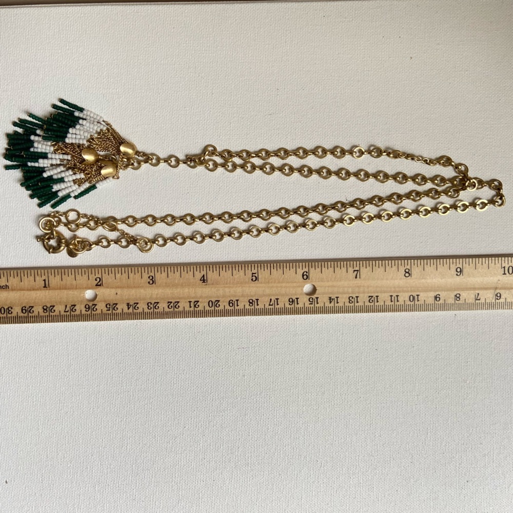 J. Crew glass bead tassel necklace on long goldtone chain in green and white - Picture 8 of 9